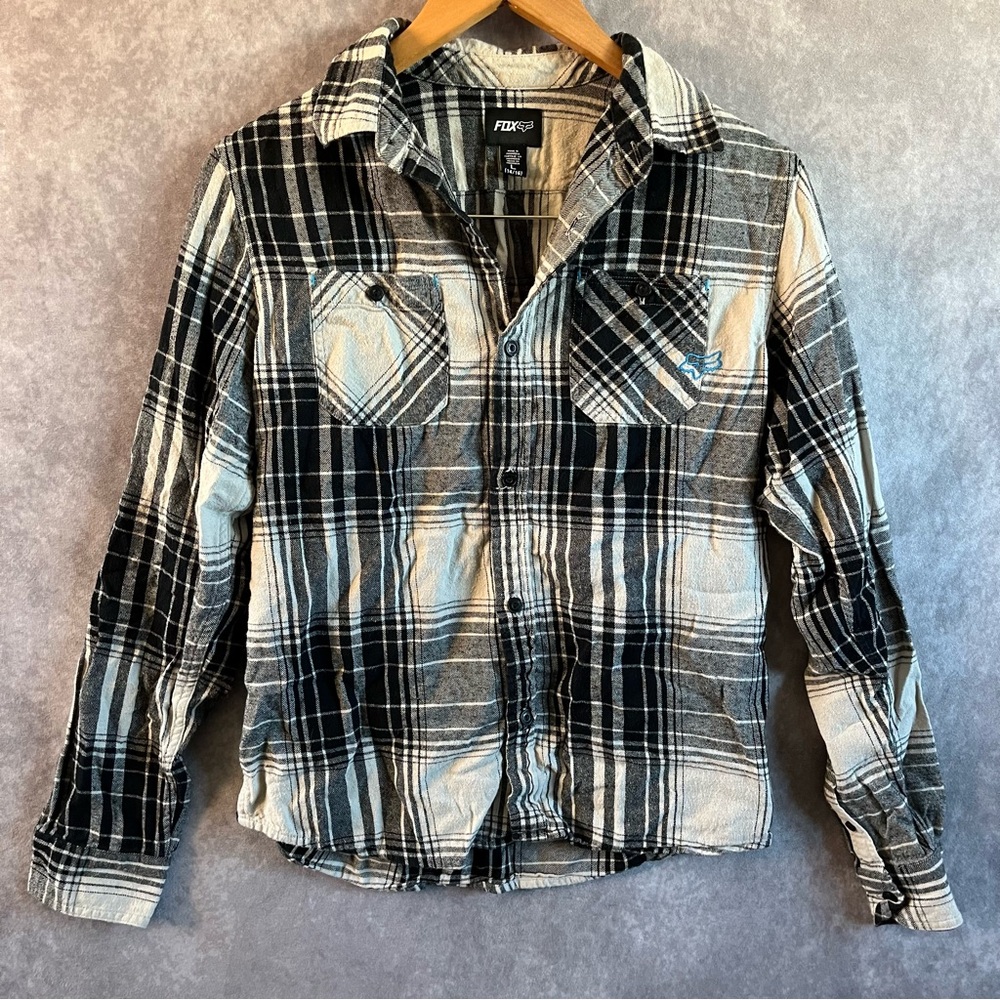 Fox Plaid Shirt Womens Sz Large Black / Cream Blouse Button Motocross Racing Top